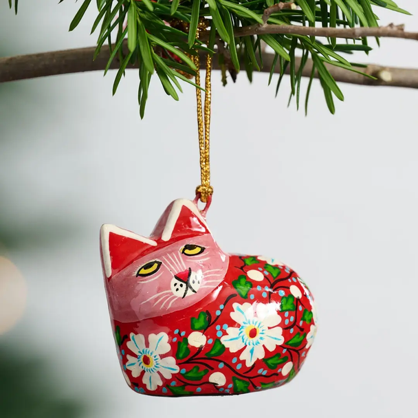 Painted Floral Cat Paper Mache Ornament