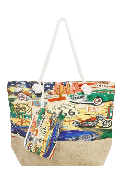 Route 66 Blue Car Zippered Canvas Tote with Pouch