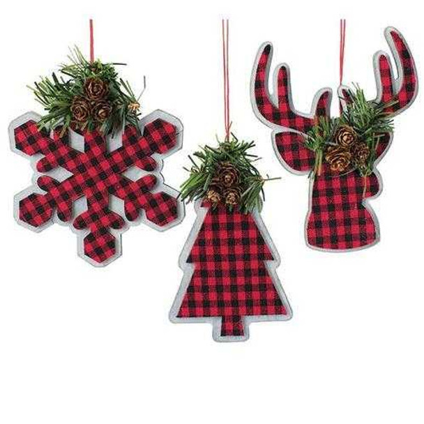 Burton & Burton Red And Black Plaid Wood Reindeer Snowflake Ornament