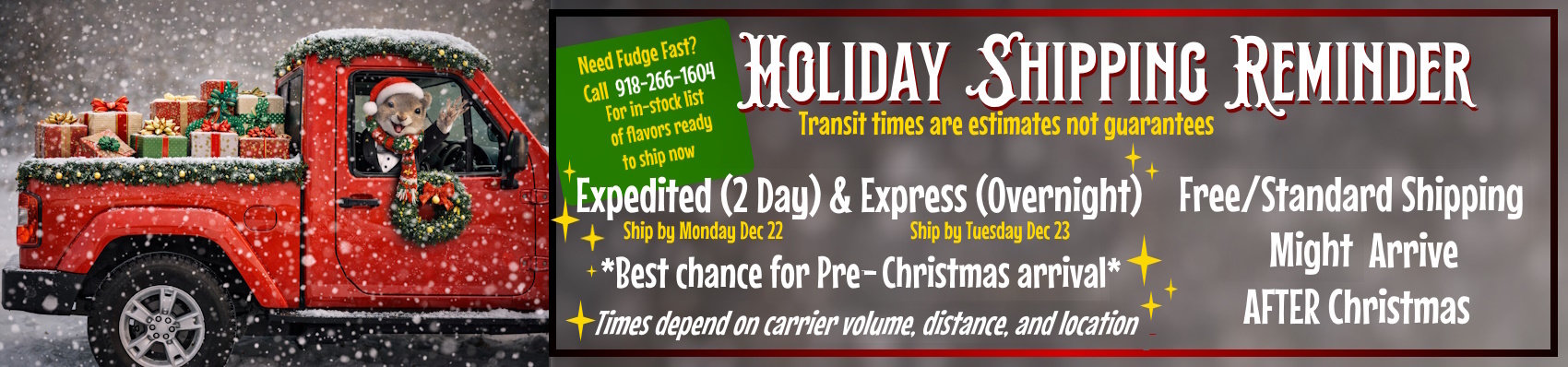 Christmas delivery estimates! We ship from Oklahoma, neighbor states will have faster delivery. 