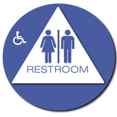 UNISEX Restroom Sign, Blue Background with White Triangle, Wheel Chair Graphics. 8 in. Triangle on a 12 in. Circle. Eaglestone Products Shiffler Furniture and Equipment for Schools