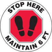 Non Slip Adhesive Circle Floor Sign, Footprint Stop Here Maintain 6 FT - 12" Diameter