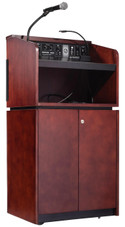 Oklahoma Sound Tabletop & Base Combo Sound Lectern with Wireless Handheld Mic, Mahogany on Walnut