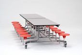 National Public Seating NPS Mobile Cafeteria Table w/ 16 Stools, 12'L, Particleboard Core, Textured Black Frame with Chromed Base