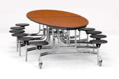 NPS Mobile Cafeteria Table w/ Stools, 10' Elliptical, Plywood Core, Vinyl Edge, Textured Black Frame with Chromed Base National Public Seating Shiffler Furniture and Equipment for Schools