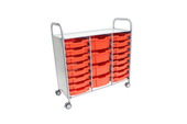 Callero Triple Cart in Silver w/ 16 Shallow Trays in Tropical Orange & 4 Deep Trays in Tropical Orange Gratnells Shiffler Furniture and Equipment for Schools