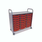 Callero Triple Cart in Silver w/ 24 Shallow F1 Trays in Flame Red Gratnells Shiffler Furniture and Equipment for Schools