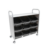 Callero Tilted Tray Cart in Silver with 9 Deep F2 Trays in Jet Black Gratnells Shiffler Furniture and Equipment for Schools