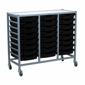 Dynamis Triple Cart Set 3 Silver (44) with 3" 2 Braked Casters & Optional Feet and 24 , 3 inch deep Jet Black (21) Trays Gratnells Shiffler Furniture and Equipment for Schools