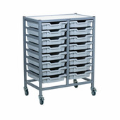 Gratnells Dynamis Double Cart Set 5 Silver (44) with 3" 2 Braked Casters & Optional Feet and 16 , 3 inch deep Light Gray (19) Trays
