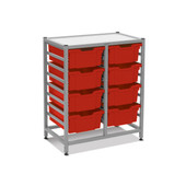 Dynamis Double Cart Set 13 Silver (44) with 3" 2 Braked Casters & Optional Feet and 8, 6 inch deep Flame Red (09) Trays Gratnells Shiffler Furniture and Equipment for Schools