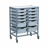 Dynamis Double Cart Set 23 Silver (44) with 3" 2 Braked Casters & Optional Feet and 8- 3 inch deep and 4-6 inch Light Gray (19) Trays Gratnells Shiffler Furniture and Equipment for Schools