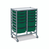 Dynamis Double Cart Set 23 Silver (44) with 3" 2 Braked Casters & Optional Feet and 8- 3 inch deep and 4-6 inch Grass Green (10) Trays Gratnells Shiffler Furniture and Equipment for Schools