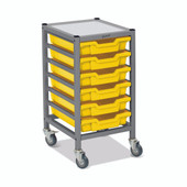 Dynamis Low Single Cart Set 41 in Silver (44) with 3" 2 Braked Casters & Optional Feet and 6 Shallow 3 inch deep Sunshine Yellow (02) Trays Gratnells Shiffler Furniture and Equipment for Schools