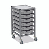 Dynamis Low Single Cart Set 41 in Silver (44) with 3" 2 Braked Casters & Optional Feet and 6 Shallow 3 inch deep Light Gray (19) Trays Gratnells Shiffler Furniture and Equipment for Schools