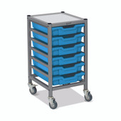 Dynamis Low Single Cart Set 41 in Silver (44) with 3" 2 Braked Casters & Optional Feet and 6 Shallow 3 inch deep Cyan Blue (26)Trays Gratnells Shiffler Furniture and Equipment for Schools