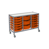 Dynamis Low Triple Cart Set 60 Silver (44) with 3" Casters, 2 braked & Feet 12- 3 inch and 3- 6 inch deep Tropical Orange (01) Trays Gratnells Shiffler Furniture and Equipment for Schools