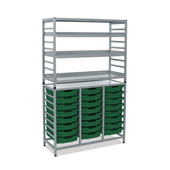 Dynamis Combo Cart Set 11 Silver (44) with feet 3 shelves 24 Shallow 3 inch deep Grass Green (10) Trays Gratnells Shiffler Furniture and Equipment for Schools