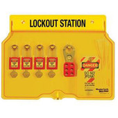 4 Padlock Station with Cover. Four 410RED Xenoy Padlocks, 2 Hasps, 12 Tags. Keyed Different Master Lock Shiffler Furniture and Equipment for Schools