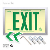 Rigid Plastic Framed Double Sided Exit Sign.  Photoluminescent UL924-Listed For Flat Installation. 6" EXIT Letters In Green With Two Self-Adhesive Chevron Directional Indicator Stickers.  9" x 14 5/8"