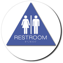 UNISEX Restroom Sign, White Background with Blue Triangle. 8 in. Triangle on a 12 in. Circle Eaglestone Products Shiffler Furniture and Equipment for Schools