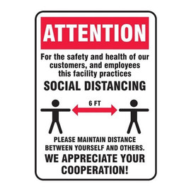 Attention Social Distancing Cooperation Sign - 10" x 7" Adhesive Vinyl Accuform Signs Shiffler Furniture and Equipment for Schools
