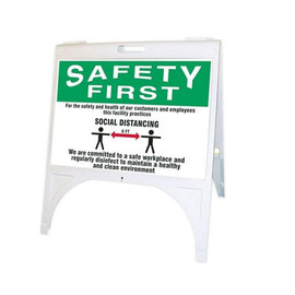 Folding Sign Stand for 2 - 18" x 24" signs, Safety First Social Distancing Signs included Accuform Signs Shiffler Furniture and Equipment for Schools
