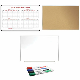 Ghent Work from Home Bundle, 4-Month Planner Whiteboard, Magnetic Porcelain Whiteboard and Natural Cork Bulletin Board, 2'H x 3'W Ghent Shiffler Furniture and Equipment for Schools