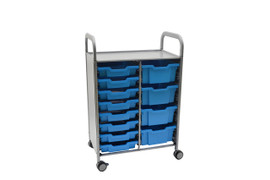 Callero Double Cart in Silver w/ 8 Shallow Trays In Cyan Blue & 4 Deep Trays in Cyan Blue Gratnells Shiffler Furniture and Equipment for Schools