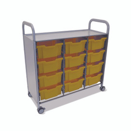 Callero Triple Cart in Silver w/ 12 Deep F2 Trays in Sunshine Yellow Gratnells Shiffler Furniture and Equipment for Schools
