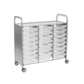 Callero Triple Cart in Silver w/ 16 Shallow Trays in Translucent & 4 Deep Trays in Translucent Gratnells Shiffler Furniture and Equipment for Schools