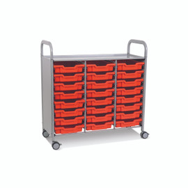 Callero Triple Cart in Silver w/ 24 Shallow F1 Trays in Tropical Orange Gratnells Shiffler Furniture and Equipment for Schools