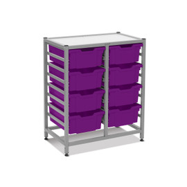 Dynamis Double Cart Set 13 Silver (44) with 3" 2 Braked Casters & Optional Feet and 8, 6 inch deep Plum Purple (05) Trays Gratnells Shiffler Furniture and Equipment for Schools