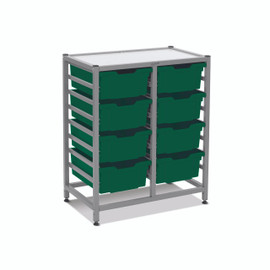 Dynamis Double Cart Set 13 Silver (44) with 3" 2 Braked Casters & Optional Feet and 8, 6 inch deep Grass Green (10) Trays Gratnells Shiffler Furniture and Equipment for Schools