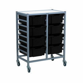 Dynamis Double Cart Set 13 Silver (44) with 3" 2 Braked Casters & Optional Feet and 8, 6 inch deep Jet Black (21) Trays Gratnells Shiffler Furniture and Equipment for Schools