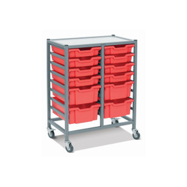 Dynamis Double Cart Set 23 Silver (44) with 3" 2 Braked Casters & Optional Feet and 8- 3 inch deep and 4-6 inch Flame Red (09) Trays Gratnells Shiffler Furniture and Equipment for Schools