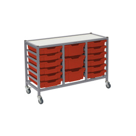 Dynamis Low Triple Cart Set 60 Silver (44) with 3" Casters, 2 braked & Feet 12- 3 inch and 3- 6 inch deep Flame Red (09) Trays Gratnells Shiffler Furniture and Equipment for Schools