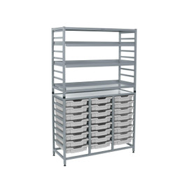 Dynamis Combo Cart Set 11 Silver (44) with feet 3 shelves 24 Shallow 3 inch deep Light Gray (19) Trays Gratnells Shiffler Furniture and Equipment for Schools