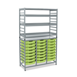 Dynamis Combo Cart Set 11 Silver (44) with feet 3 shelves 24 Shallow 3 inch deep Jolly Lime (36) Trays Gratnells Shiffler Furniture and Equipment for Schools