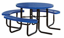 SuperSaver - 46" Wheel chair accessible round BLUE thermoplastic coated expanded metal table - 6+1WC seats KirbyBuilt Quality Products Shiffler Furniture and Equipment for Schools