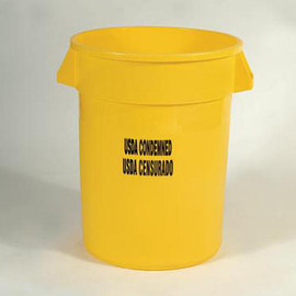 BRUTE 32-gal Trash Bin without Lid and "USDA Condemned" - Yellow Newell Rubbermaid Shiffler Furniture and Equipment for Schools