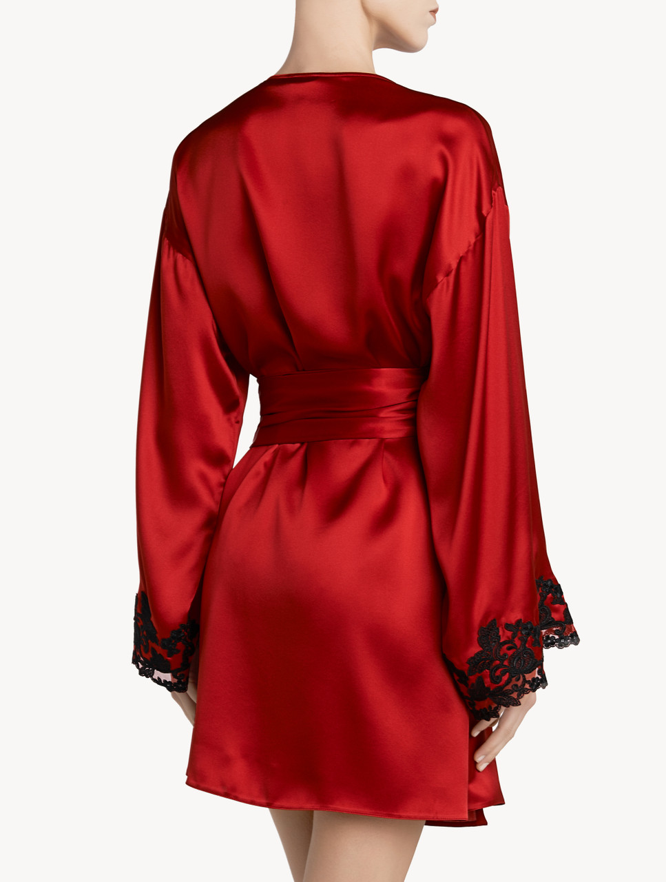 Vestaglia corta in raso di seta rosso con ricamo a frastaglio - La Perla -  Italia