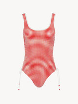 Costume intero in seersucker rosso a quadretti Vichy_0