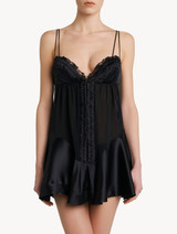 Babydoll in raso di seta nero con tulle ricamato_1