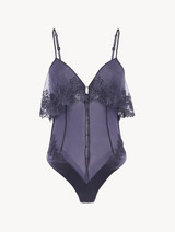 Body con ferretto in tulle ricamato viola con raso di seta_0