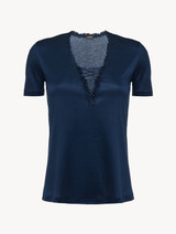 T-shirt in modal blu con tulle ricamato_0
