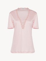 T-shirt in modal rosa con tulle ricamato_0