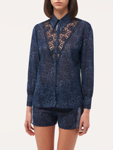 Camicia in georgette di seta blu con pizzo Leavers_1