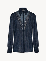 Camicia in georgette di seta blu con pizzo Leavers_0