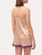 Pigiama corto in seta stretch beige con pizzo_2